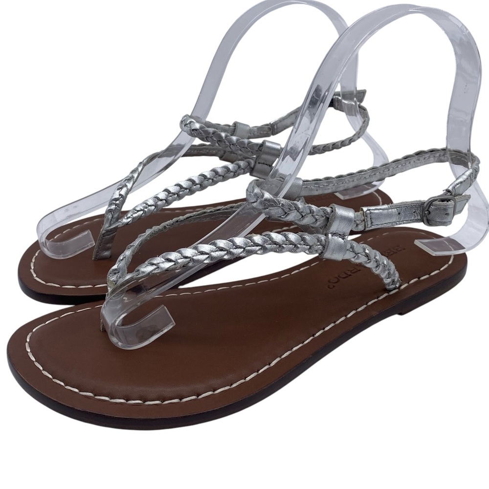 Bernardo Womens Shoes Leather Thong Sandals Sz 6 Silver Flat Braided Casual Chic